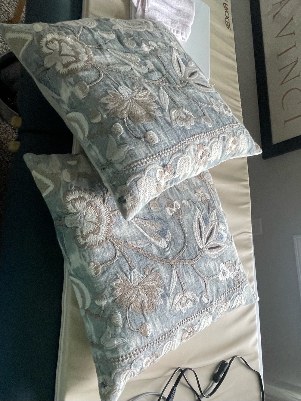 Pottery Barn Light Blue and Beige Embroidered Floral Accent Pillows